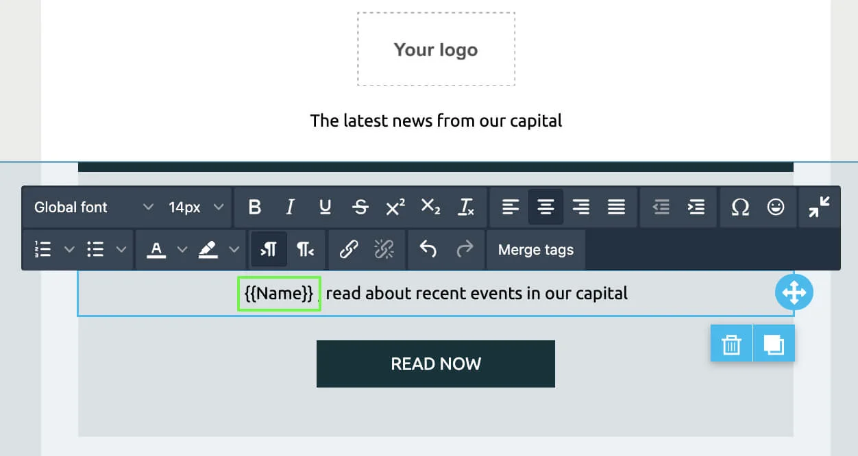 Copy the substitute from the Custom fields section and insert it in the email body.