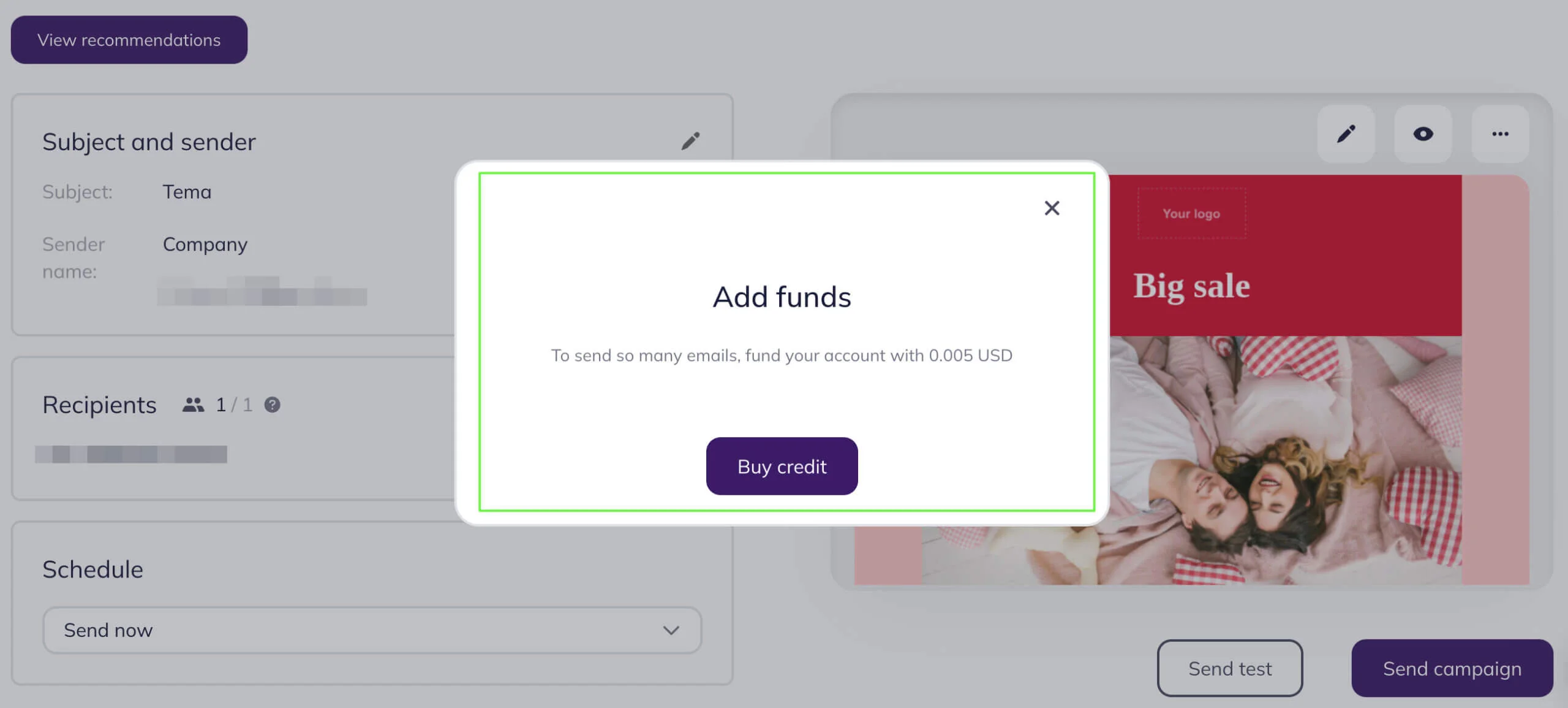An example of a notification to top up your account.