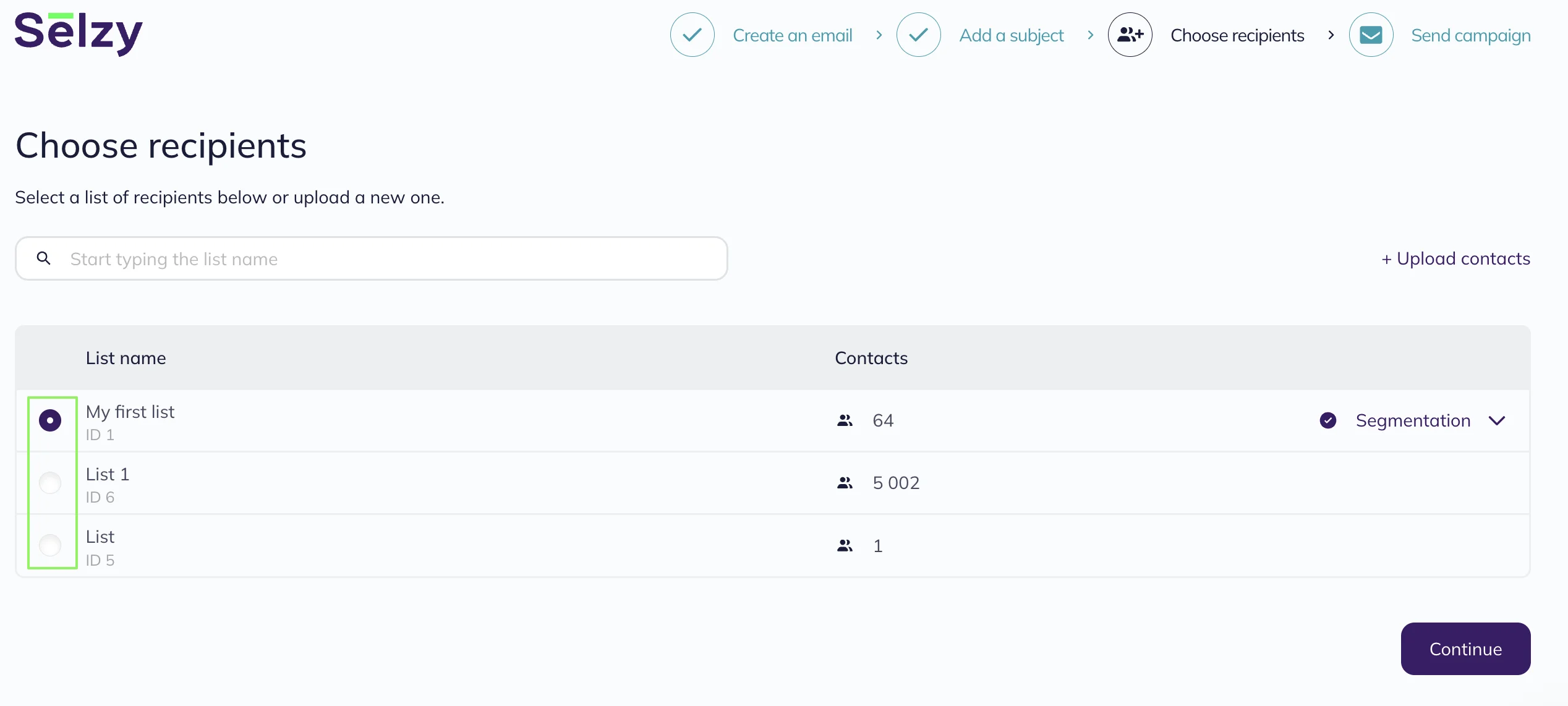 Choose the contacts list to send the campaign to.