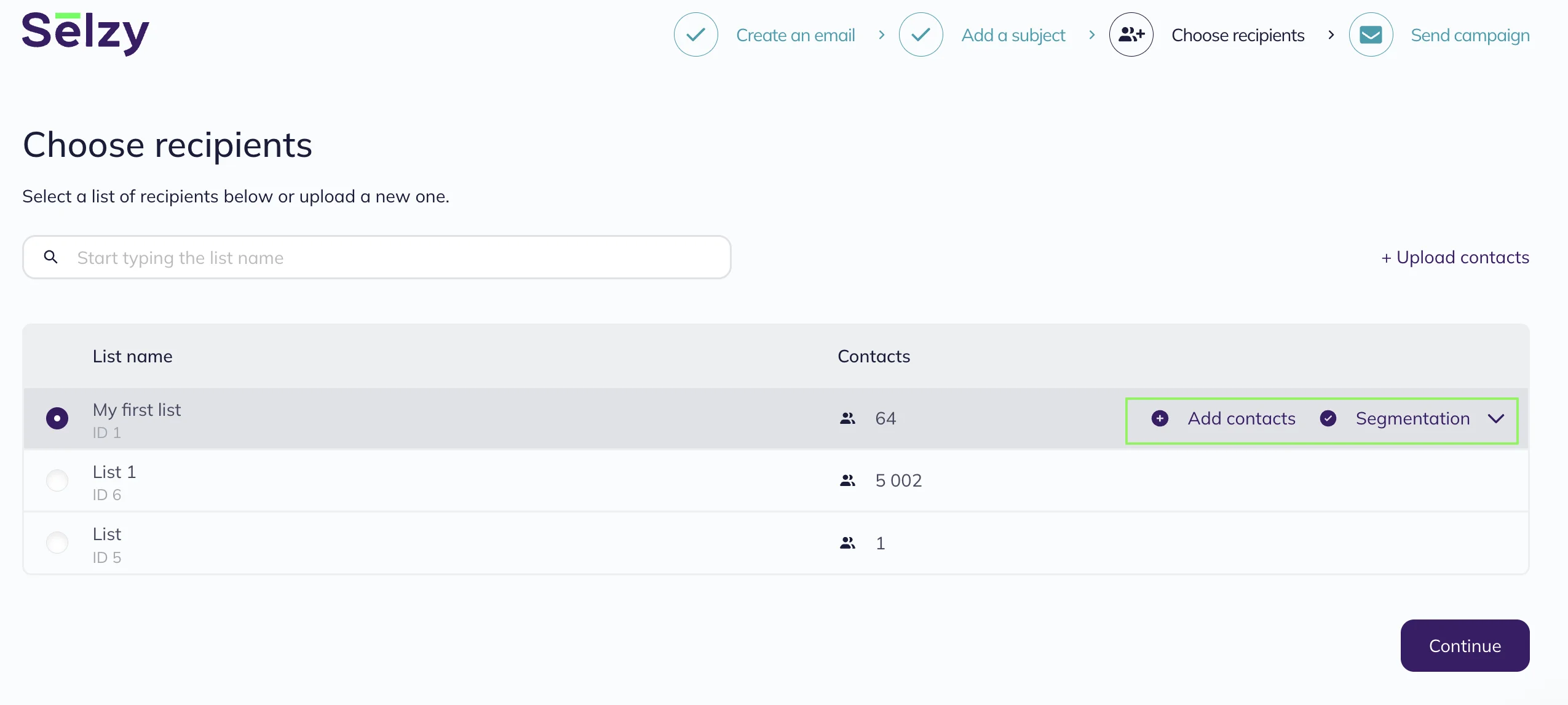 Import and segmentation options for the selected list of recipients.