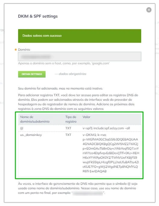 Informações a serem inseridas na sua hospedagem. 