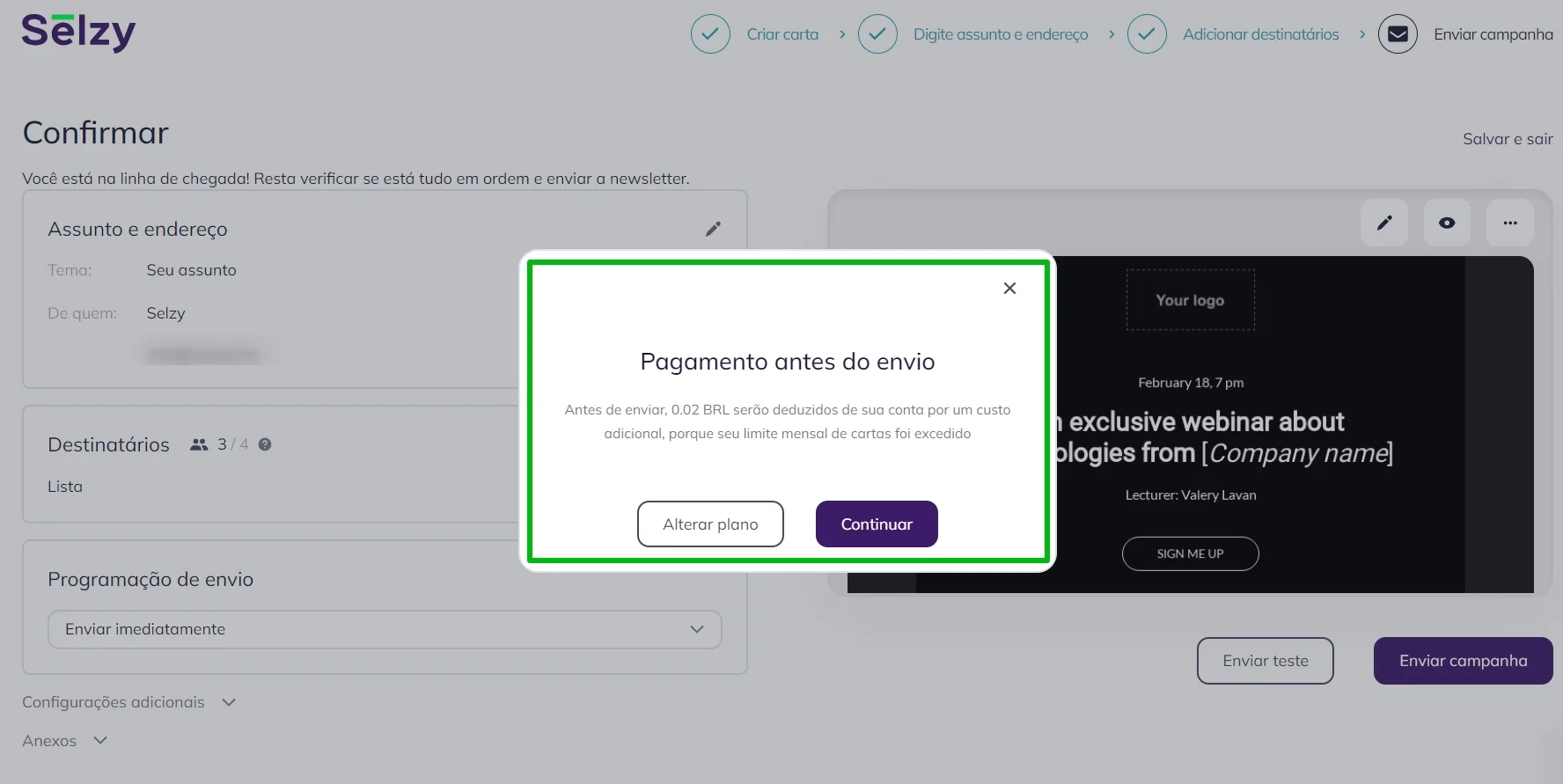 Um exemplo de uma notificação do sistema informando que haverá cobrança por um e-mail excedente no Plano de Créditos Pré-Pagos. 