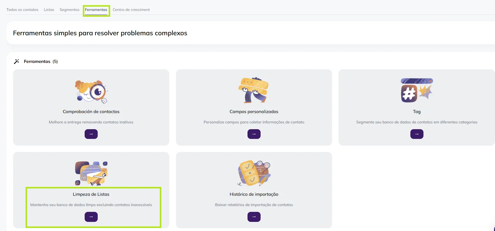 Captura de tela da tela de Ferramentas no painel de controle da Selzy, destacando a seção de Higiene da lista