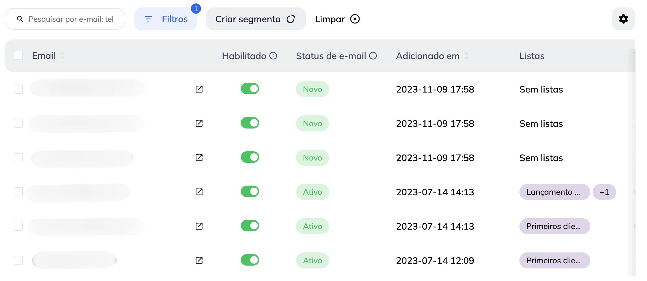 Lista de contatos na página Todos os contatos com os status “Ativo” e “Novo”. 