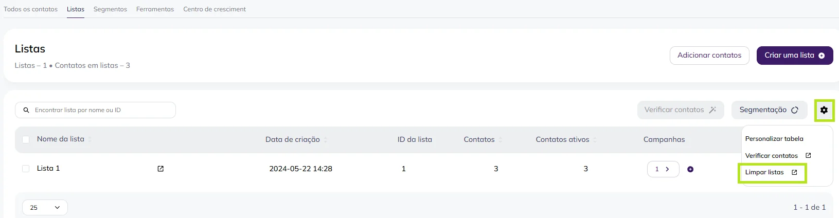 Captura de tela da seção Listas da Selzy, destacando a opção Limpar listas 