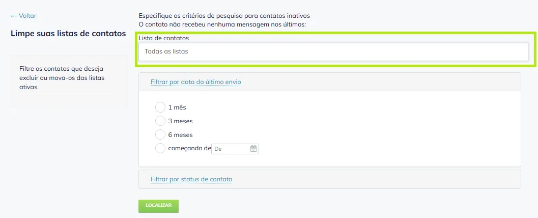 Captura de tela do painel de controle da Selzy na seção de Limpeza das listas de contatos, destacando a opção Lista de contatos - Todas as listas