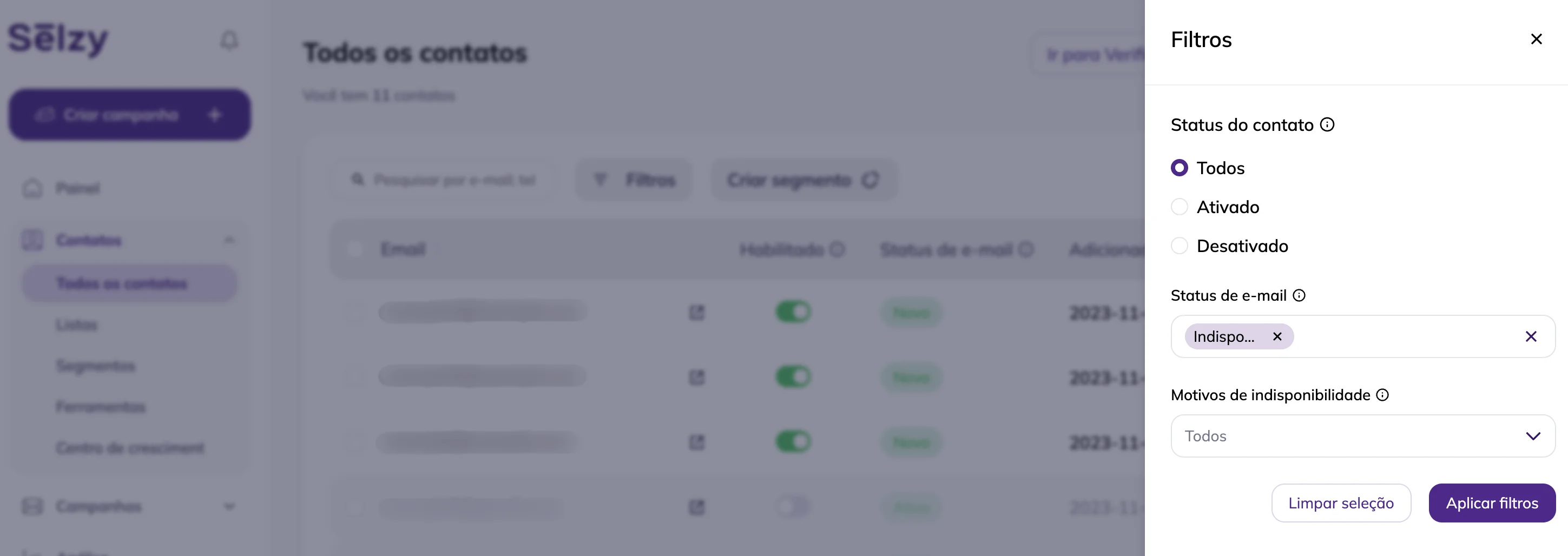 Filter tool in the List of contacts with “Enabled” and “Disabled” contacts statuses selection, “Unavailable” email status selected, and “Unavailability reasons” dropdown. 
