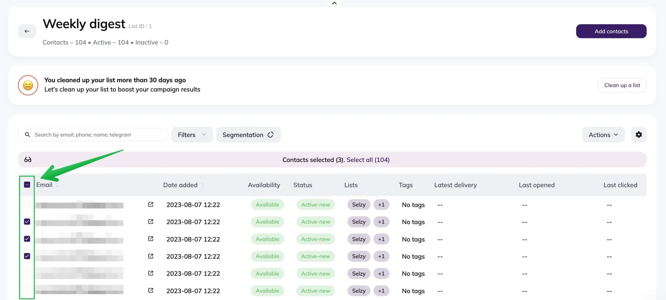 Select a specific contact or contacts in the list.