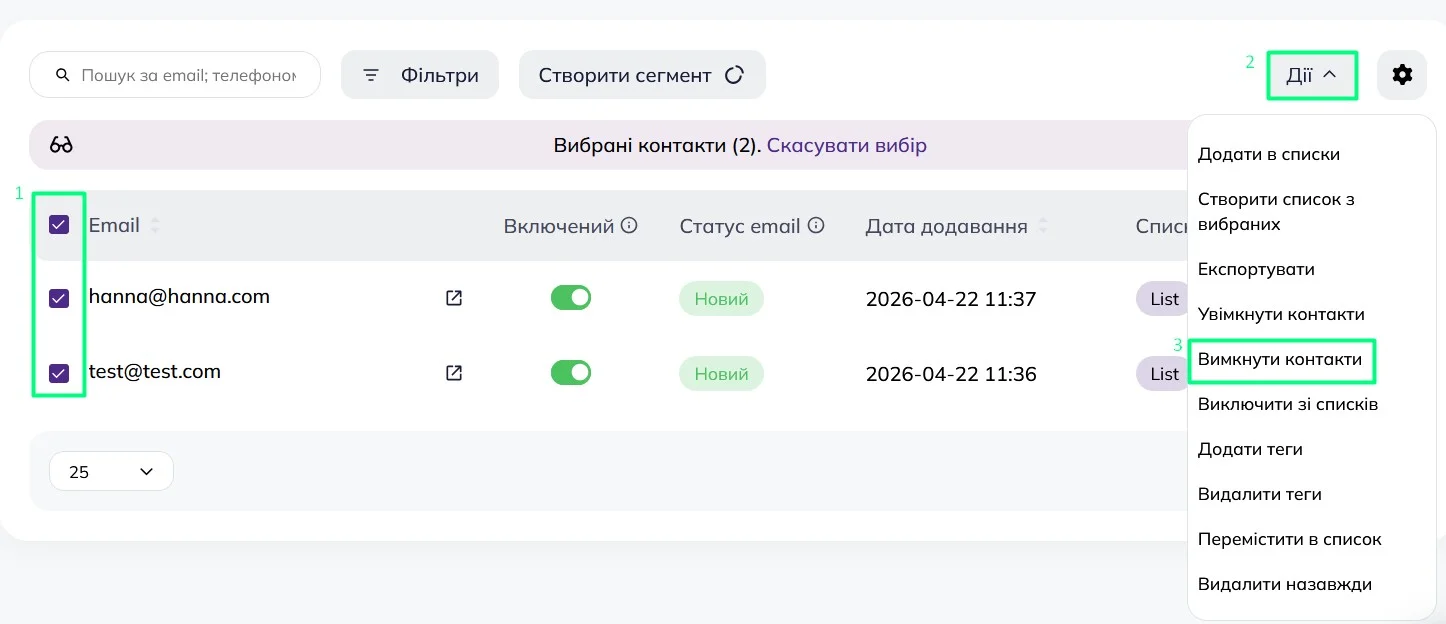 Таблиця контактів Selzy з прапорцями, кнопкою «Дії» та виділеним пунктом «Вимкнути контакти» у випадаючому меню. 