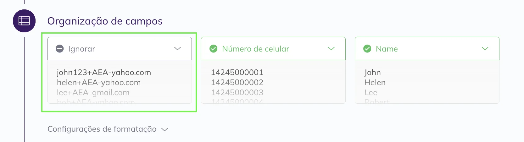 Captura de tela da Selzy mostrando e-mails de contatos ilegíveis,, indicando um problema de codificação do arquivo.