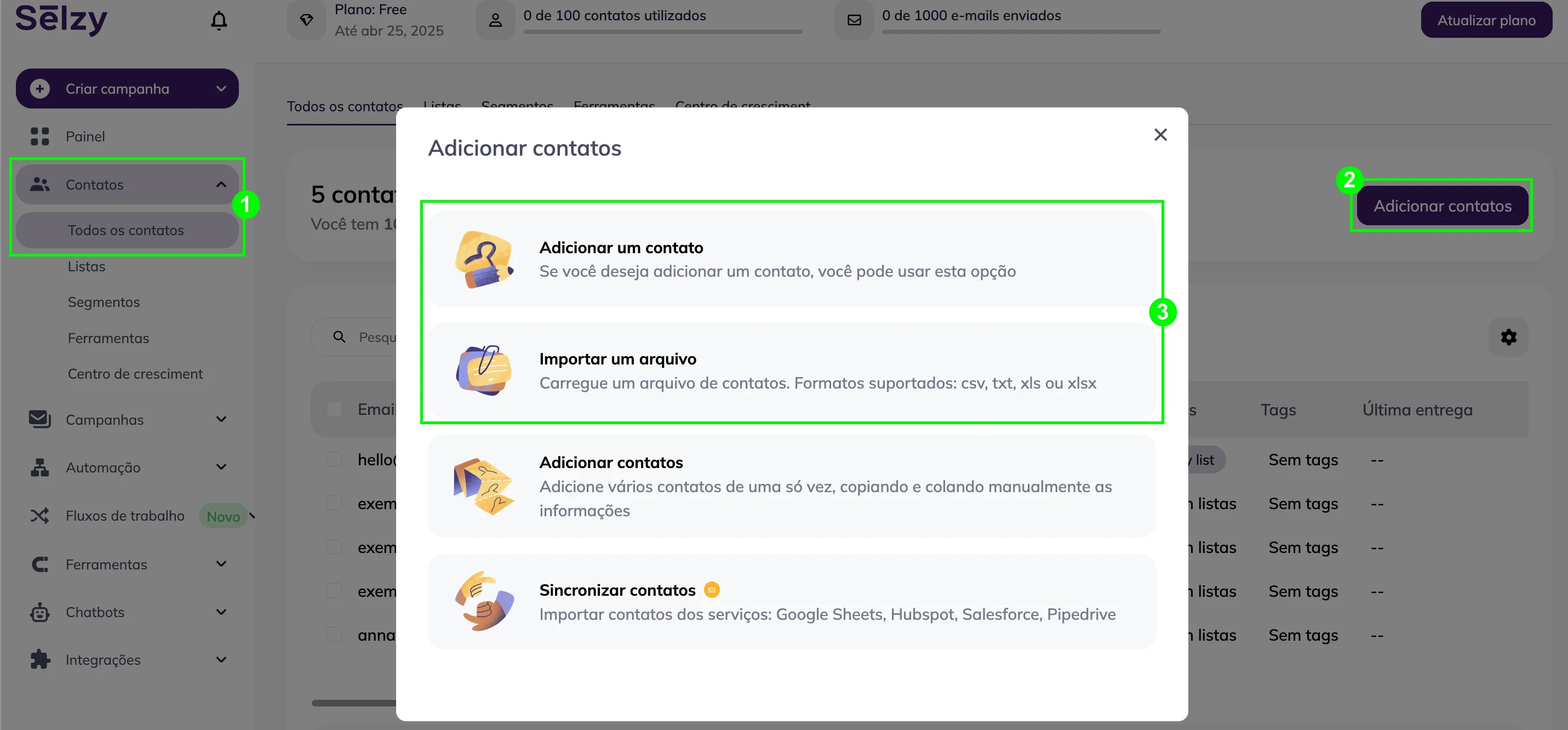 Escolhendo entre importar contatos de um arquivo ou adicionar cada novo contato manualmente