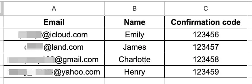 Example of a contact file with columns for email, name, and confirmation code 