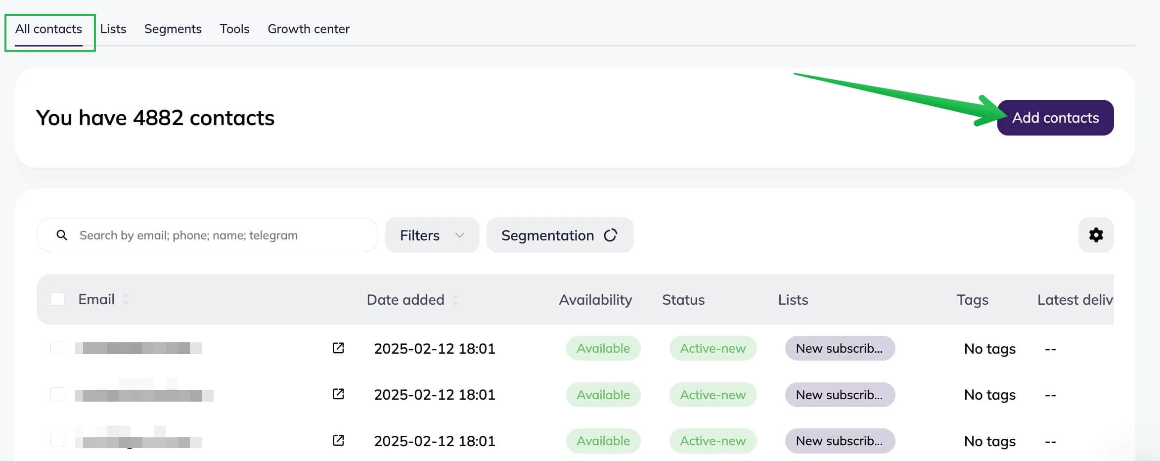 Adding contacts in the Contacts section — All Contacts.