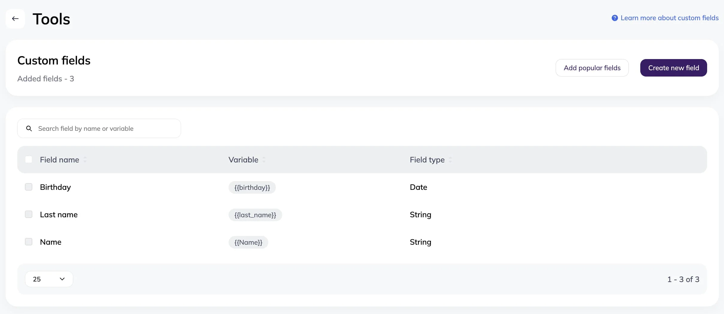 Screenshot of the Tools page in Selzy account with system fields listed: Birthday, Last name and Name. 