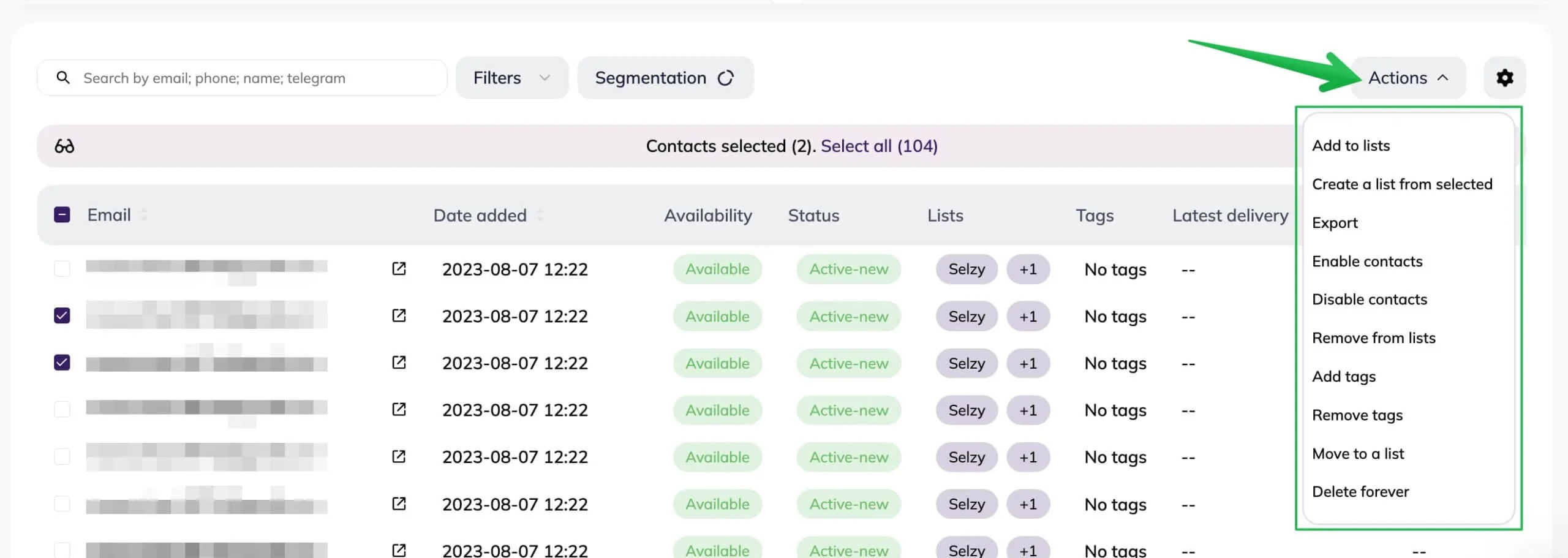 Actions available for contacts