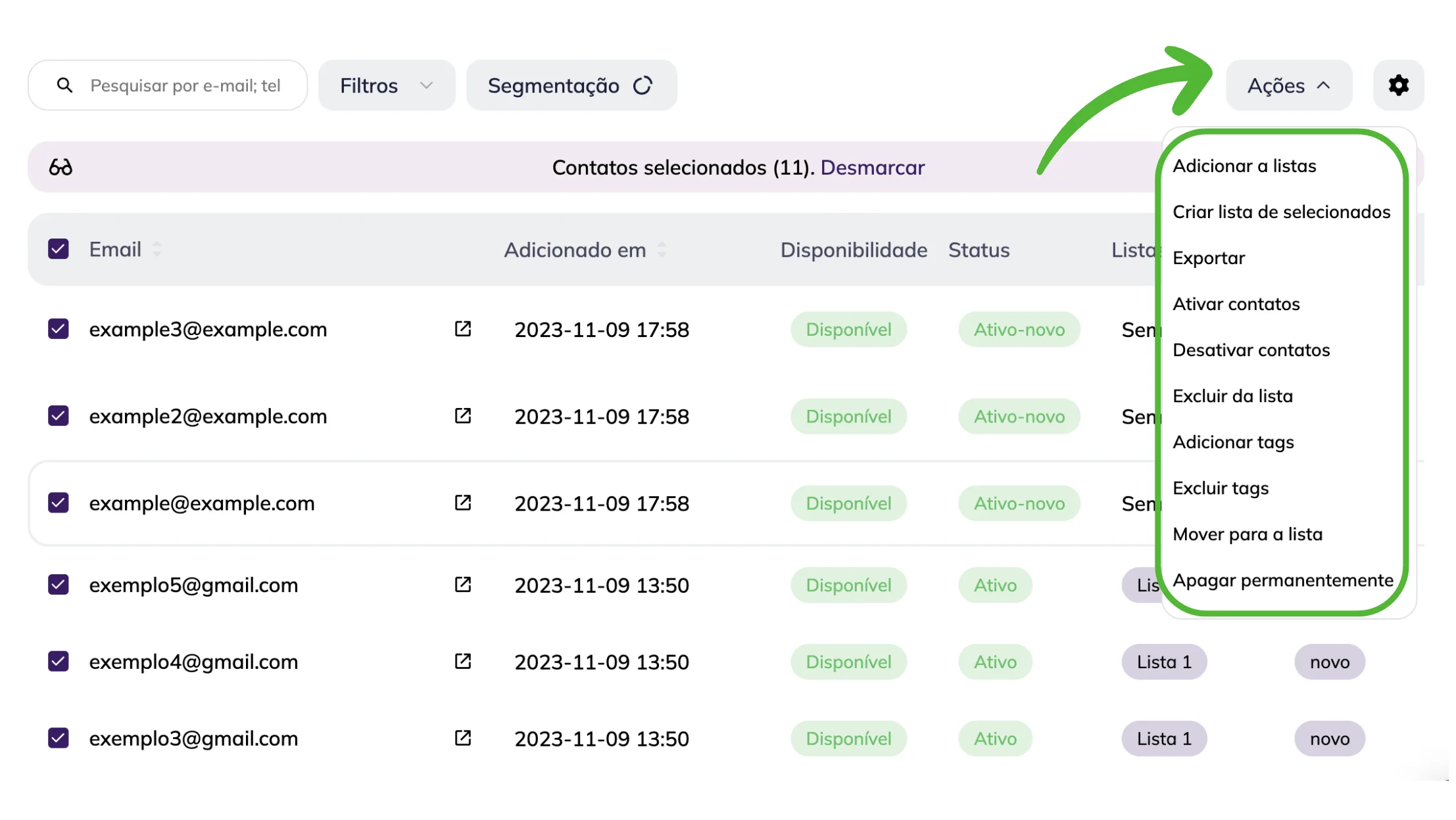 Ações disponíveis para gerenciar seus contatos.