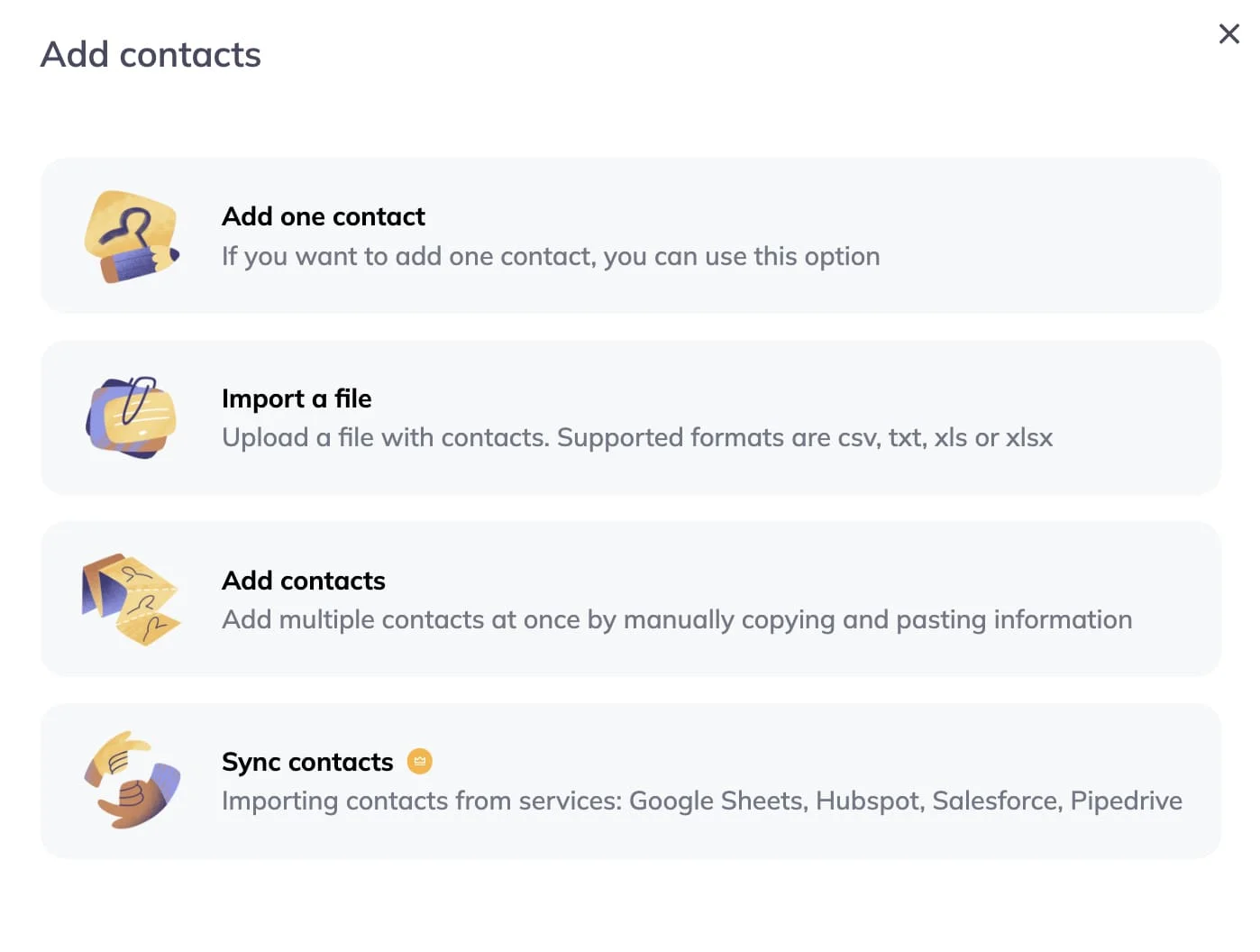 Choosing instrument to add contacts.