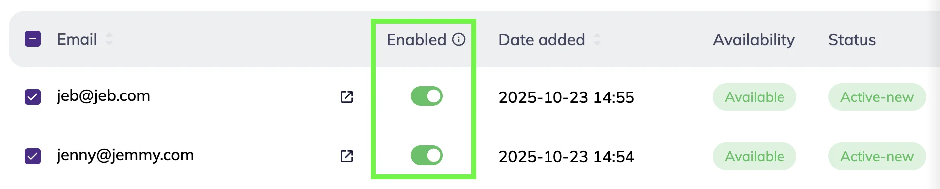 Contatos na plataforma Selzy com destaque para a coluna Habilitado.
