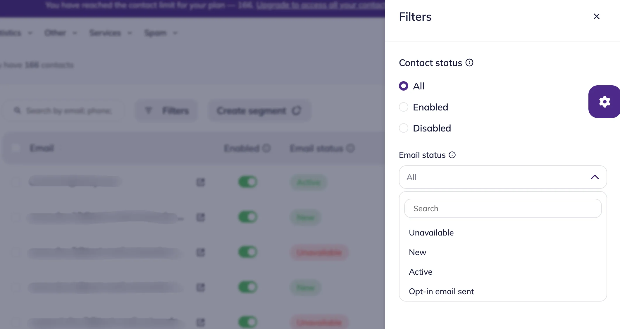 Filter tool in the List of contacts with “Enabled” and “Disabled” contacts statuses selection and a dropdown list for email statuses, including “Unavailable”, “New”, “Active”, and “Opt-in email sent.” 