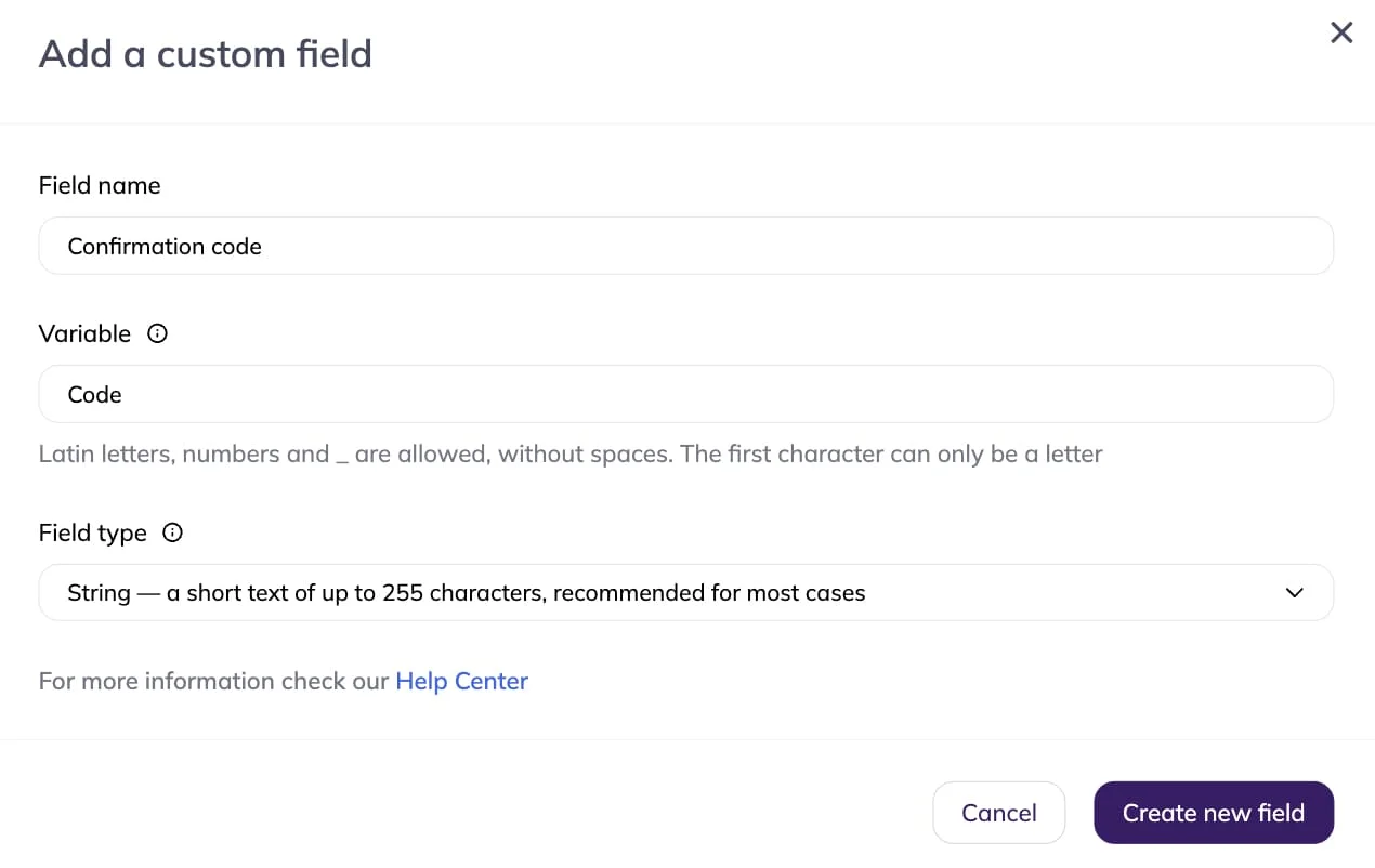 Custom field form showing “Confirmation code” as the field name, “Code” as the variable, and “String” as the field type. 