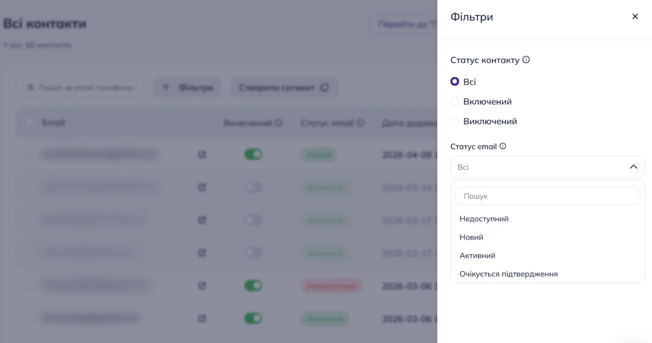 Інструмент фільтрації в списку контактів із вибором статусів «Включений» і «Виключений» та випадаючим списком статусів пошти, що включає «Недоступний», «Новий», «Активний» та «Очікується підтвердження». 