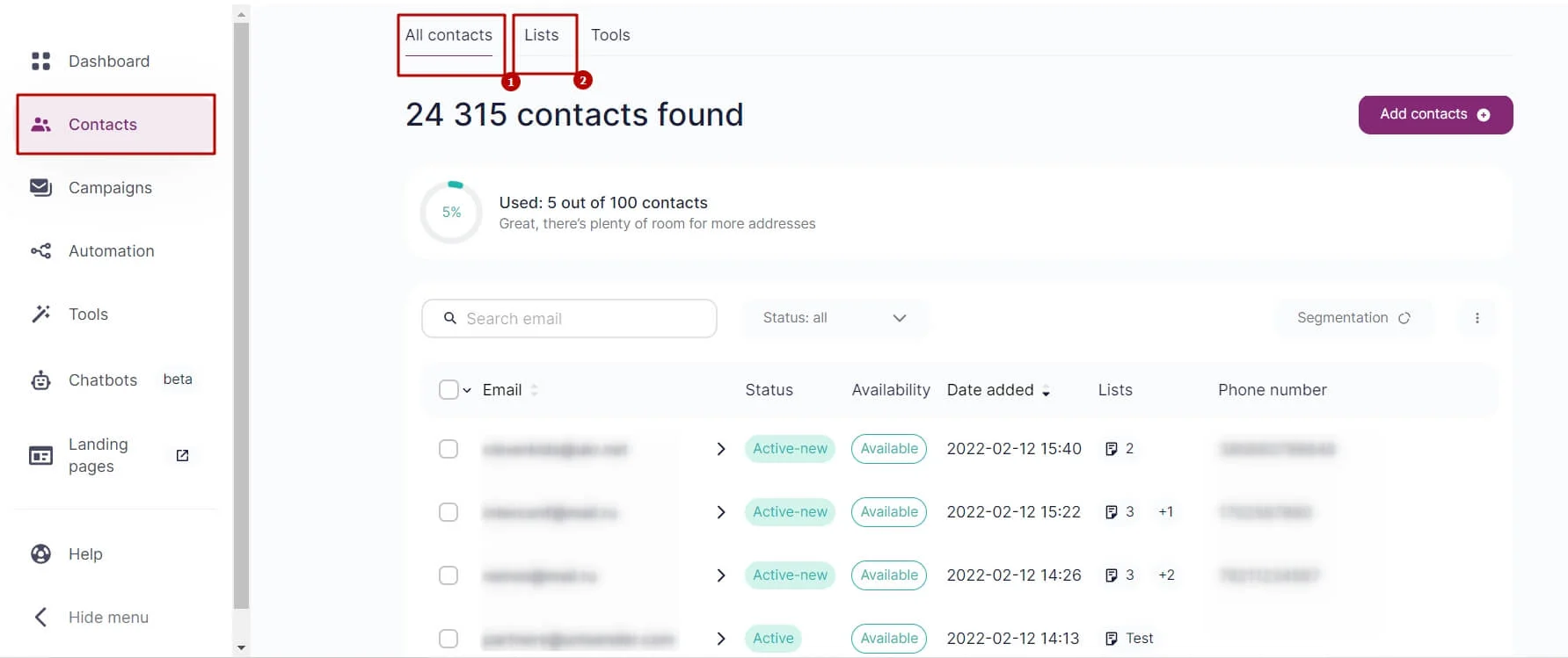The section Contacts — All Contacts/Lists.