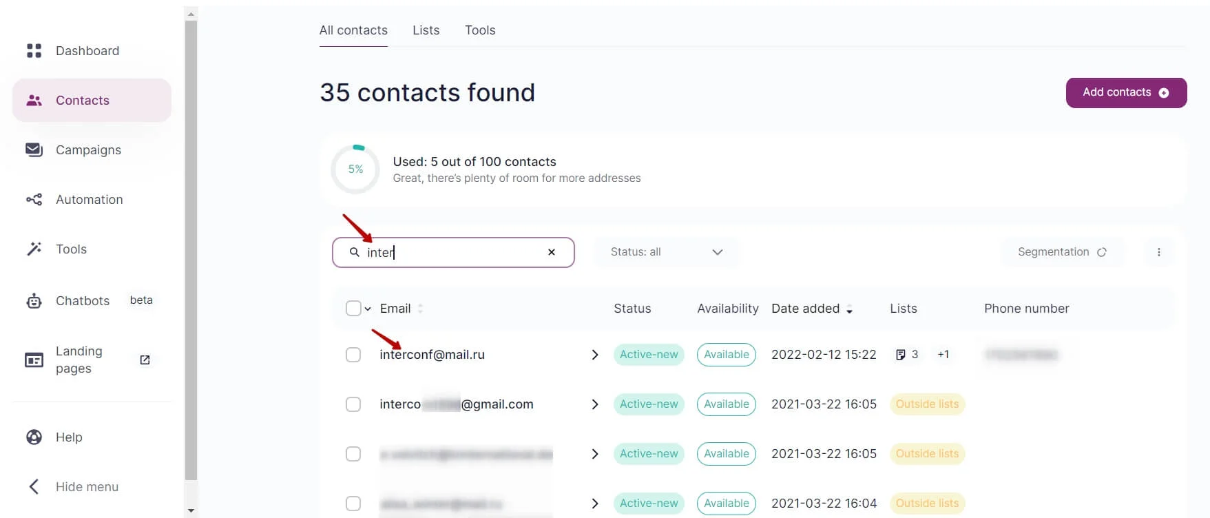 Choose the contact you need on the list.