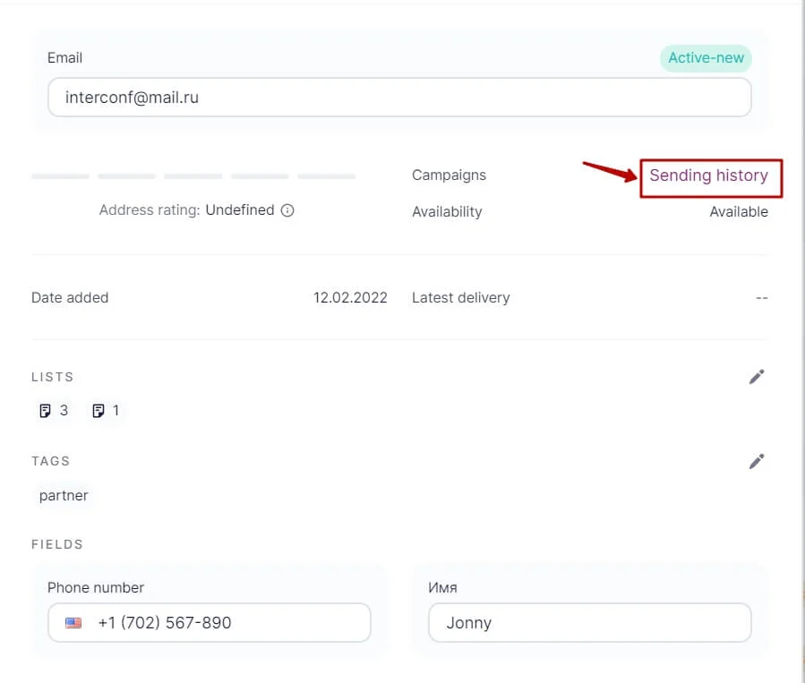In the contact card, you can find the information on the contact and the link to the sending history.