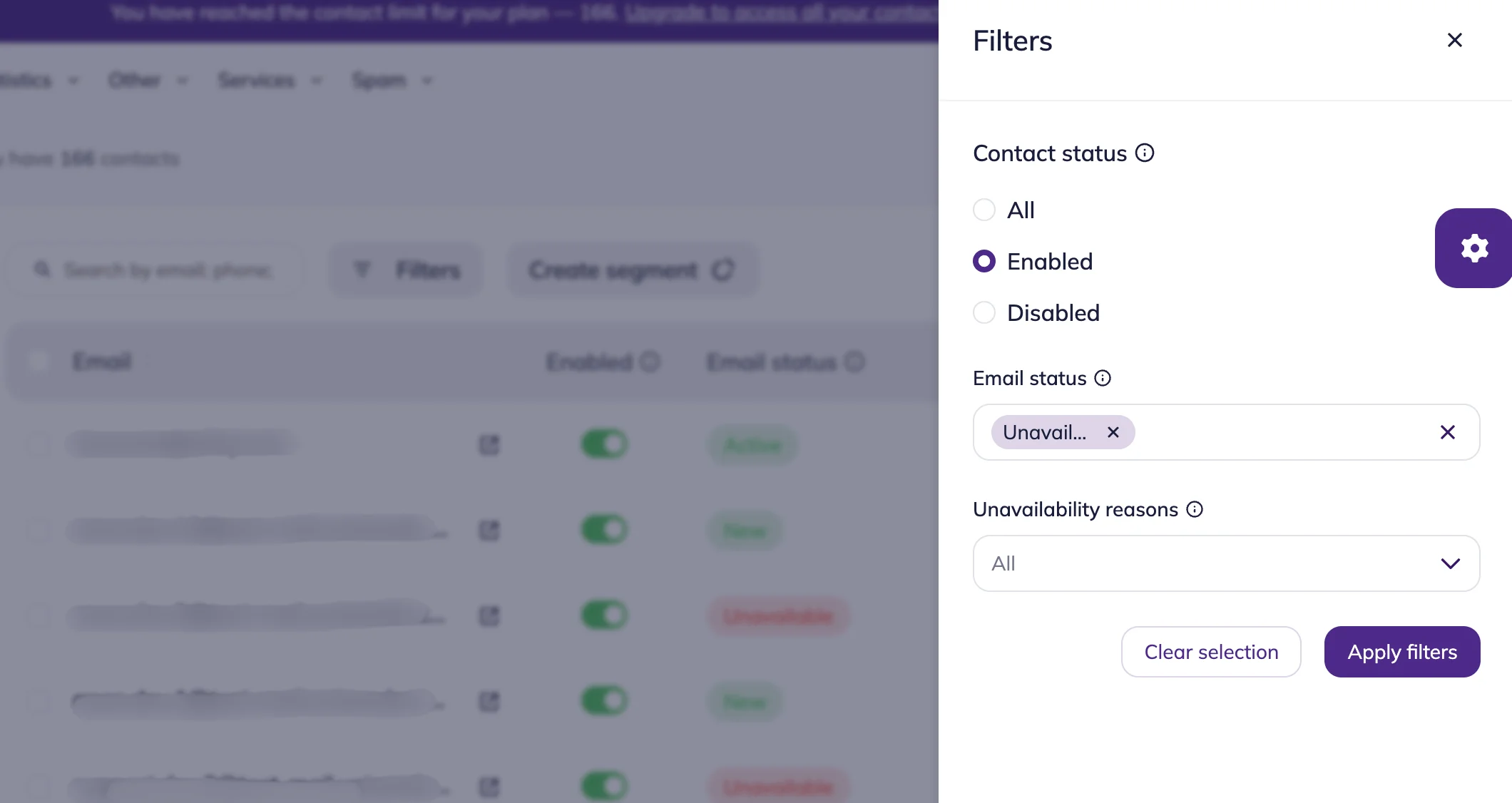 Filter tool in the List of contacts with “Enabled” and “Disabled” contacts statuses selection, “Unavailable” email status selected, and “Unavailability reasons” dropdown. 