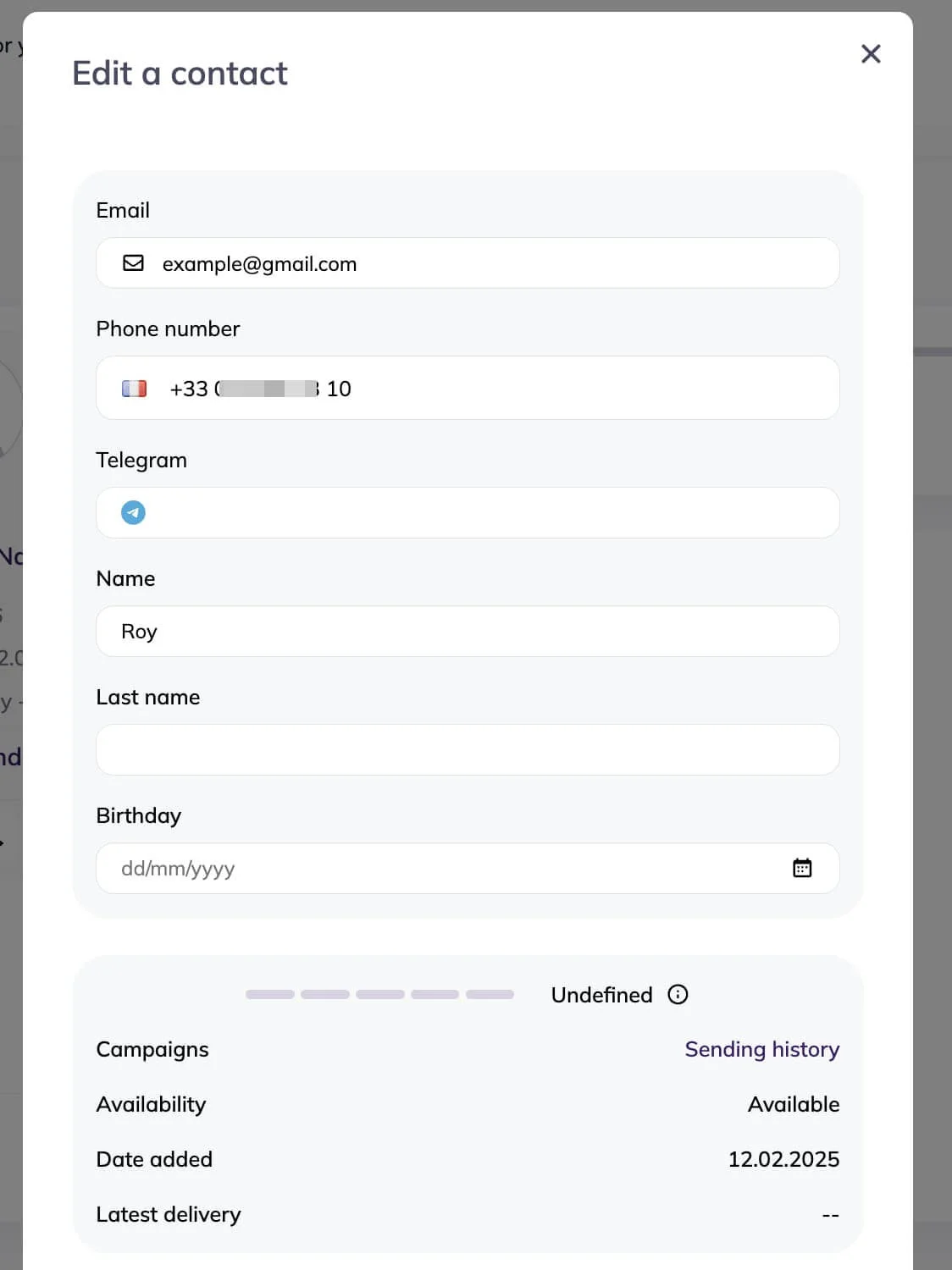 In the card, you can edit your lists, tags, or other contact information.