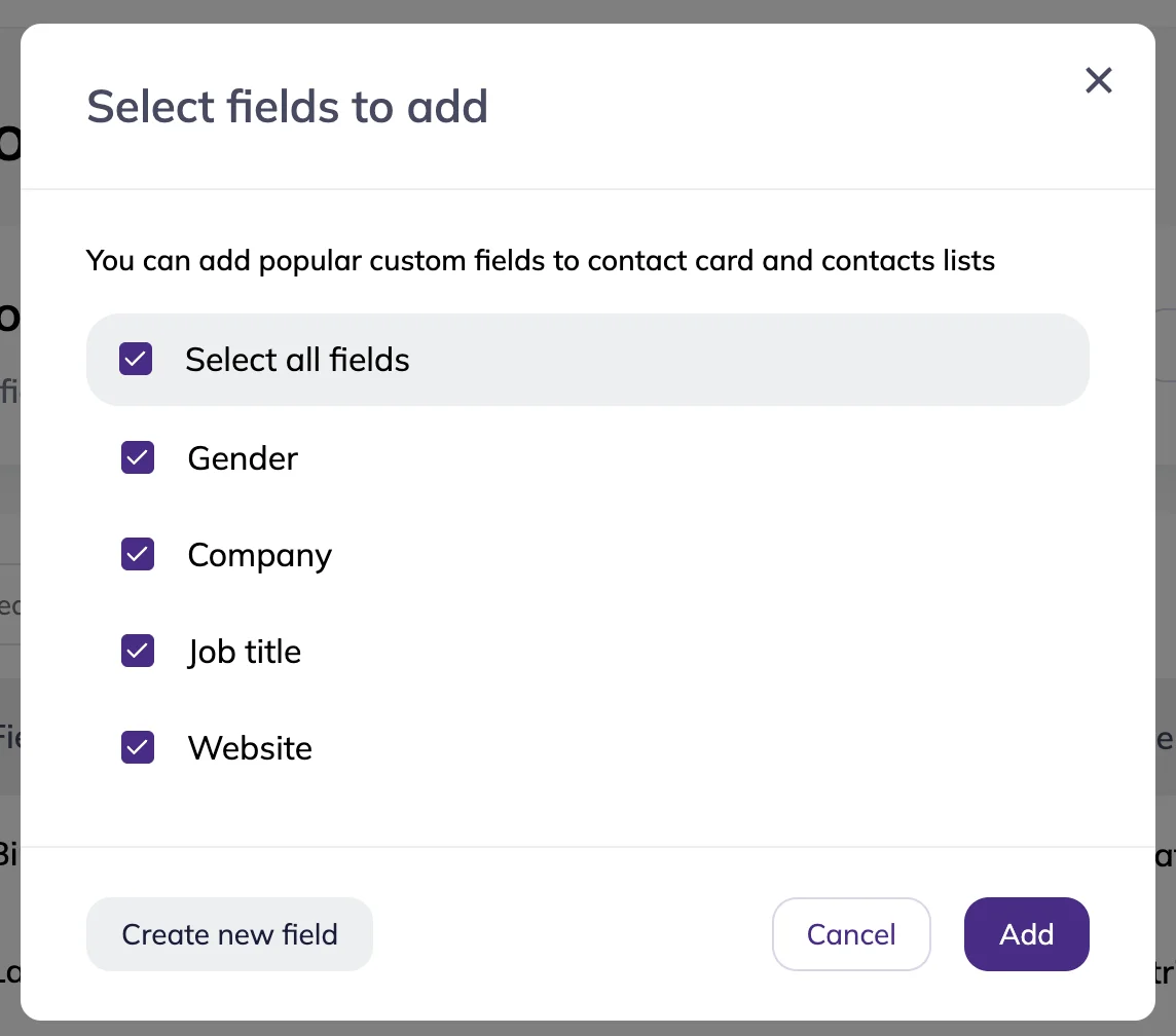 List of the popular fields to add including gender, company, job title, and website. 