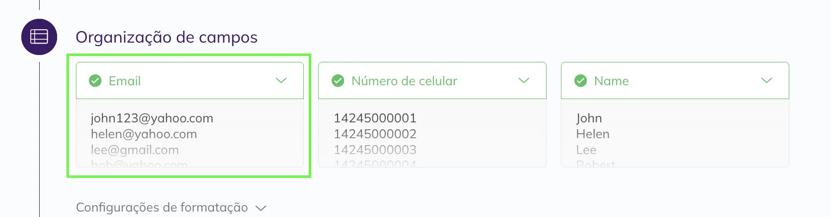 Texto exibido corretamente na Selzy após a importação do arquivo com codificação UTF-8.
