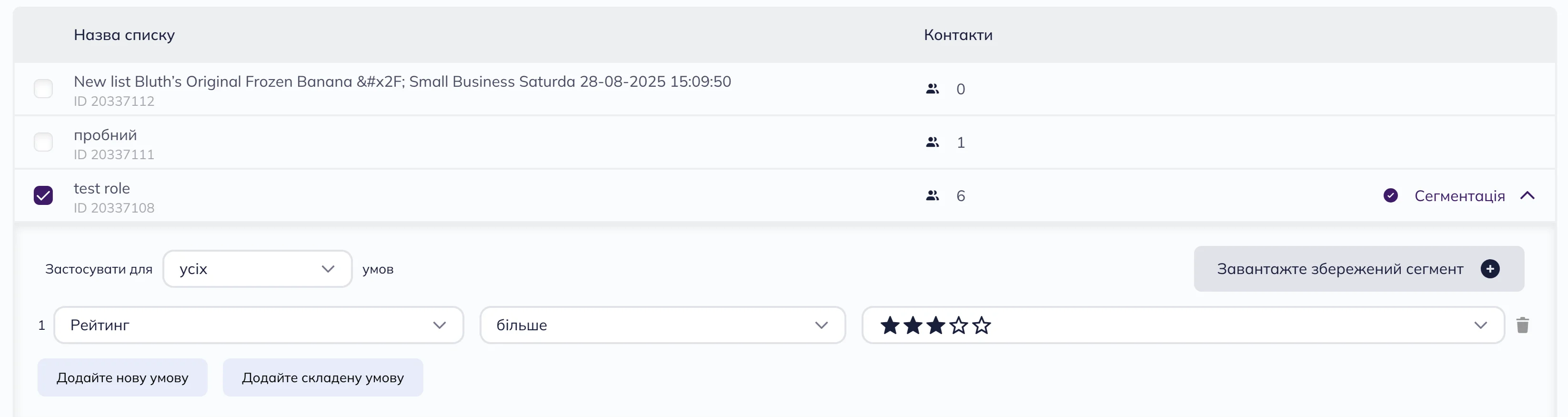 Відправка розсилки активним контактам з рейтингом «Друг» і «Фанат»