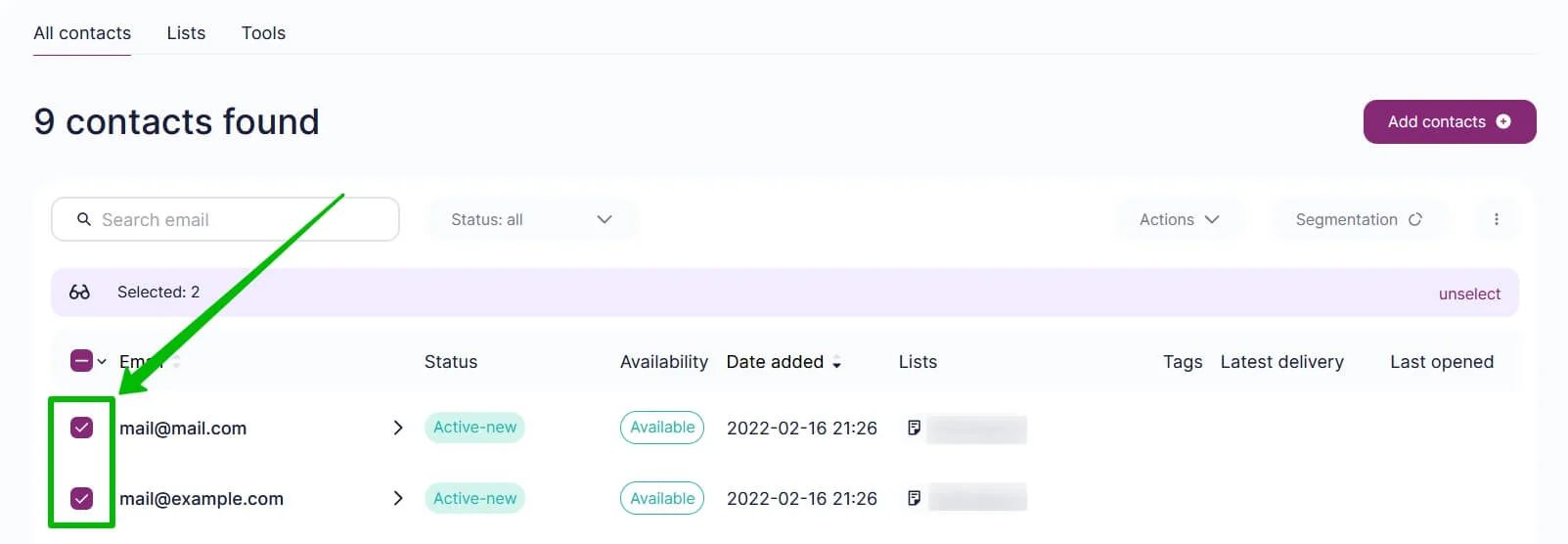 Selecting contacts.