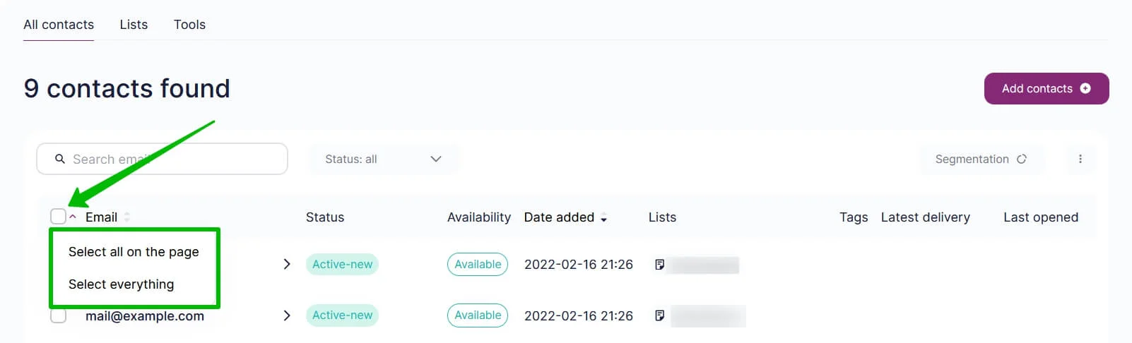 Selecting all contacts on a page or in the list.