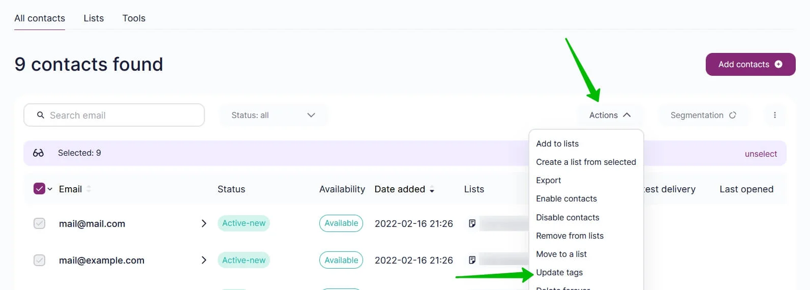 Updating tags for the selected contacts.