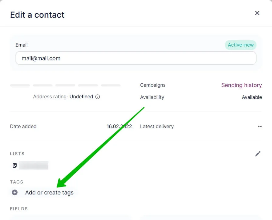 Creating a tag in the contact card.