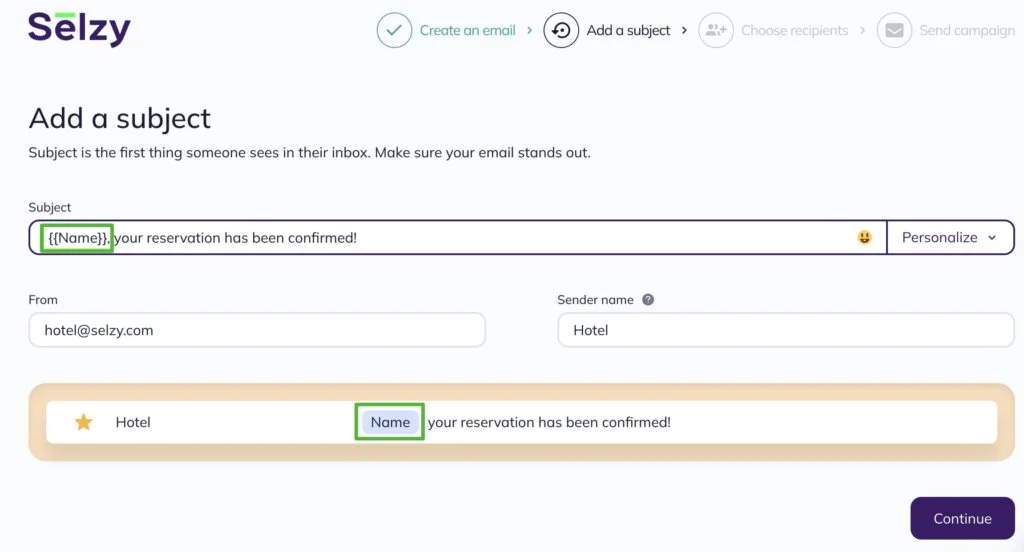 Copy a merge tag from the Custom fields section and paste it into the Subject line field.