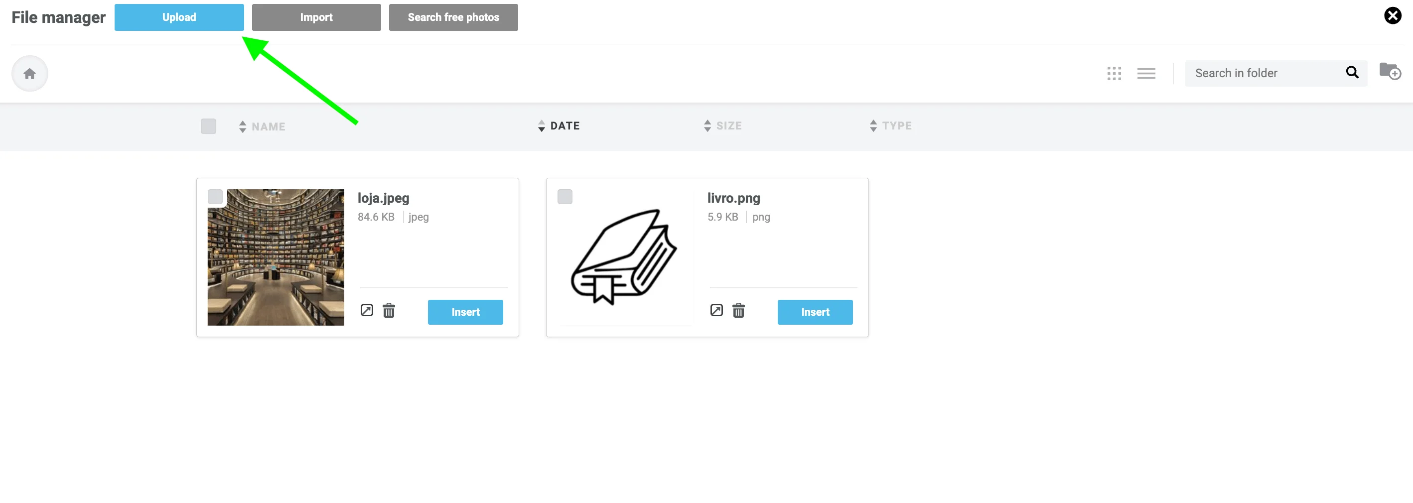 Gerenciador de arquivos do construtor de e-mails, evidenciando o botão de Upload.