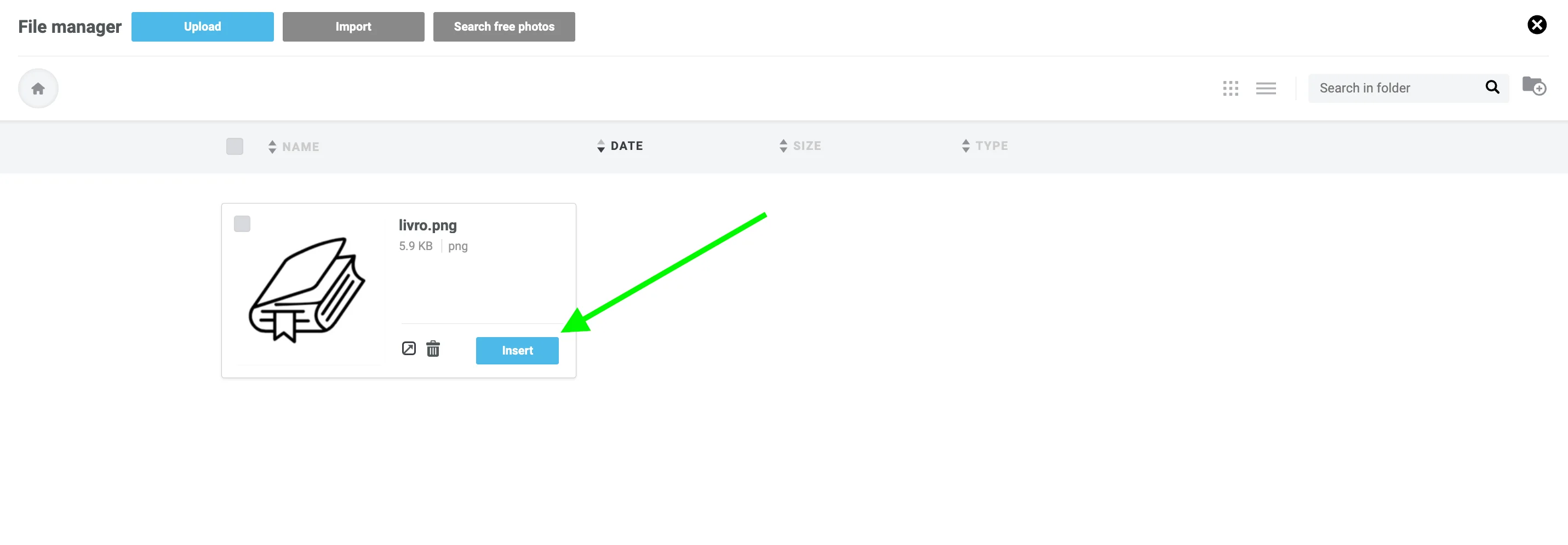 Ainda no gerenciador de arquivos, clique no botão Insert para adicionar a foto ao e-mail. 