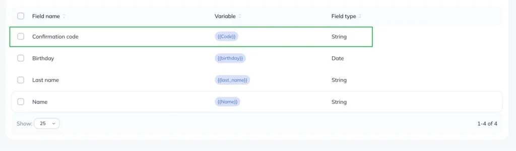 A list of custom fields in Selzy