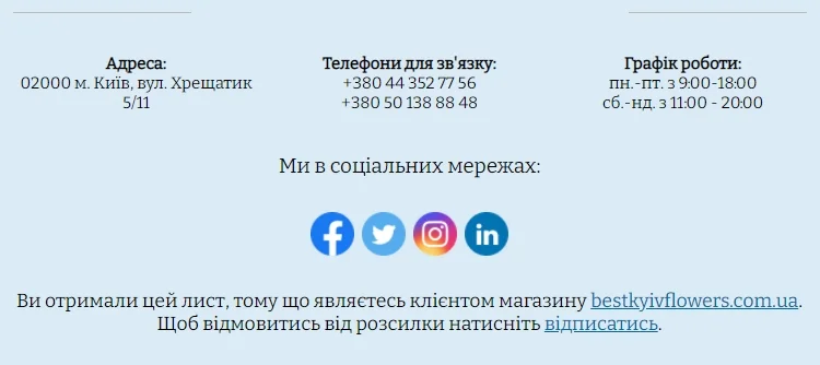 У футері розміщено контактну інформацію компанії: адреса, номер телефону та графік роботи.