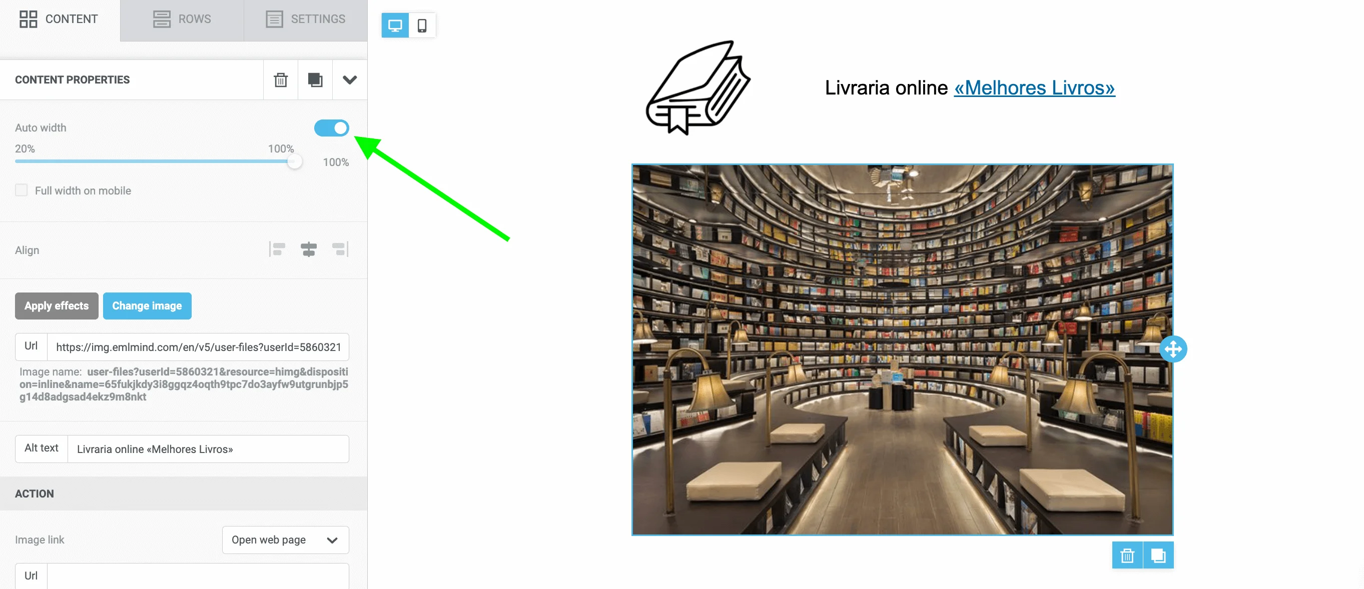 Evidenciando chave para ligar e desligar o redimensionamento automático das imagens, presente na aba Content.