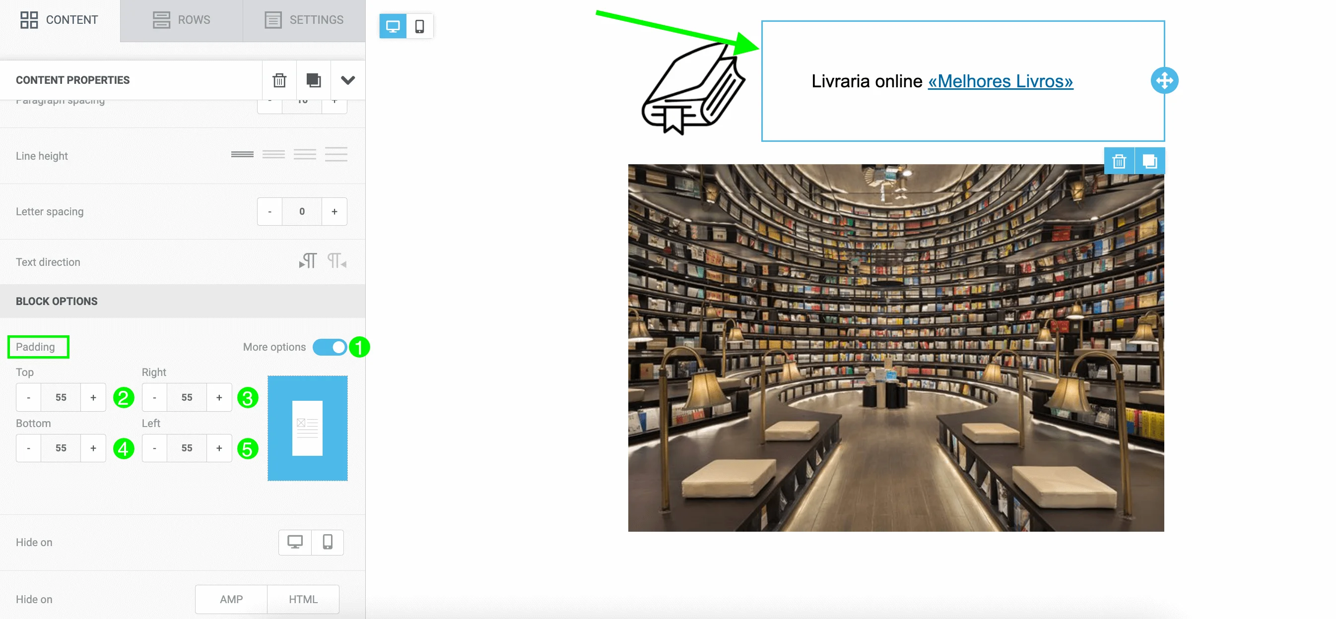 Opções de padding para alterar o posicionamento do texto no e-mail. Para fazer alterações, é necessário ativar a chave More options.