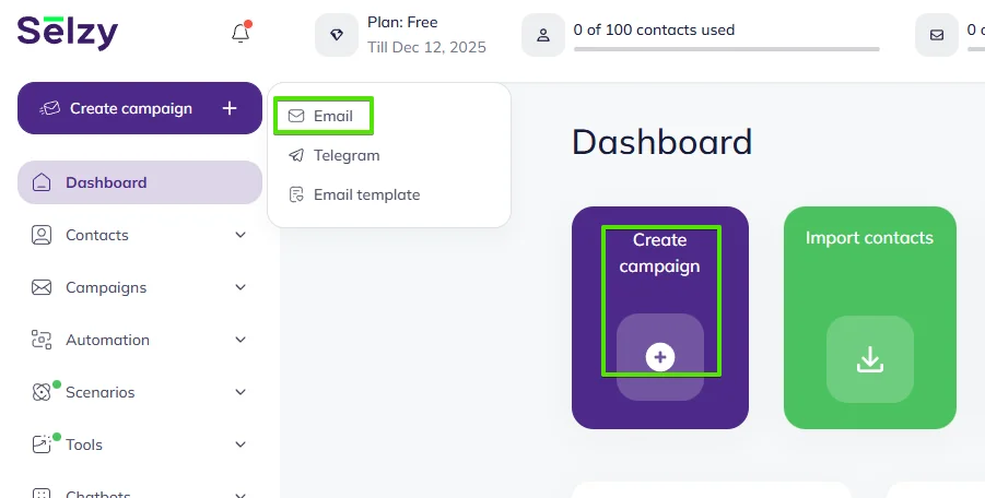 Create campaign from Selzy Dashboard or the main menu
