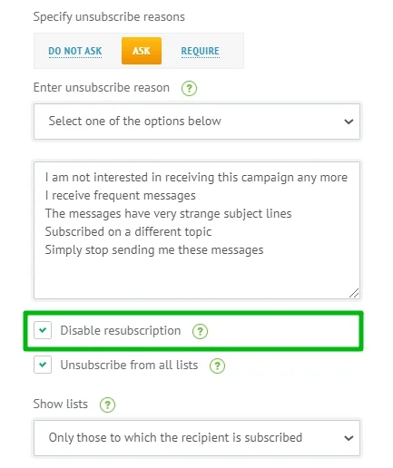 Disabling resubscription on the unsubscribe page settings.