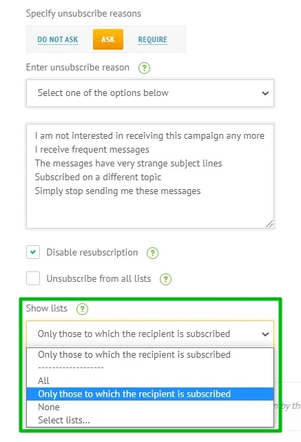 Selecting the lists that the subscriber will see when unsubscribing.
