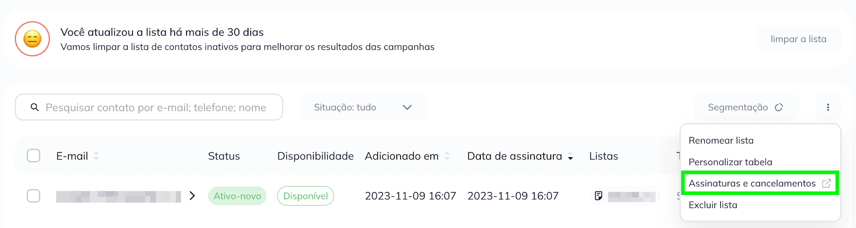 Selecione sua lista a partir do menu Listas, e depois clique em "Assinaturas e cancelamentos".