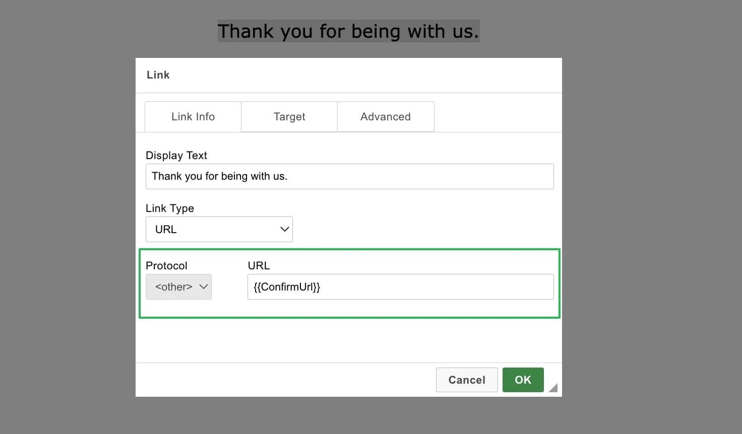 Adding the confirmation link to the text