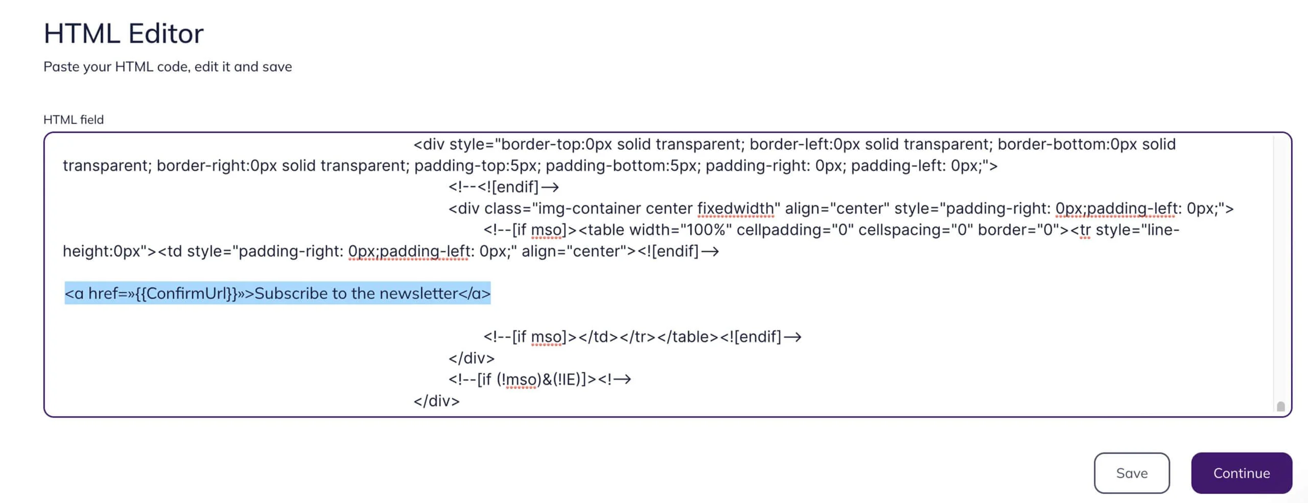 A confirmation link in the code